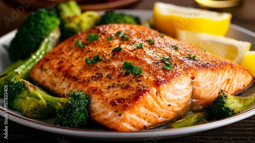 Deliciously grilled salmon fillet served with fresh broccoli and lemon slices on a rustic plate, ideal for healthy meals.