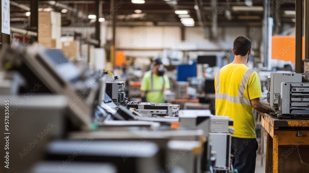 Fototapeta premium Certified electronic recycling facility, with signs indicating compliance with environmental standards, workers processing electronics with precision, a focus on certifications and safety