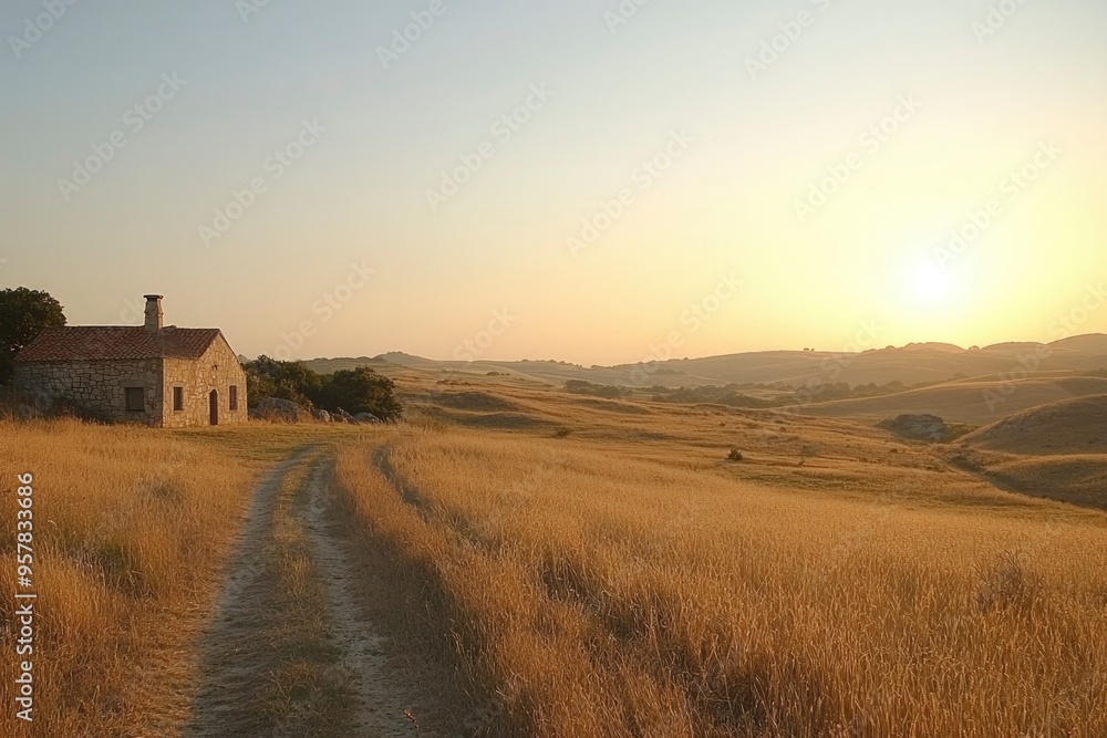 Stone House on a Hillside with a Dirt Road Leading Away Stone House on a Hillside with a Dirt Road Leading Away