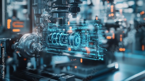 Close-up of advanced industrial machines, intricate mechanical parts and digital interfaces, focus on innovation and high-tech manufacturing -