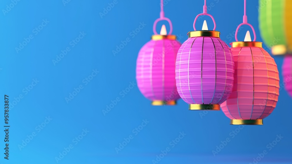 Obraz premium Vibrant Asian Lanterns Suspended Against a Bright Blue Sky, Representing Celebration and Festivity