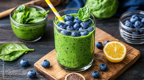 Fresh spinach and blueberry smoothie in a glass, garnished with lemon and mint, perfect for a healthy refreshment.