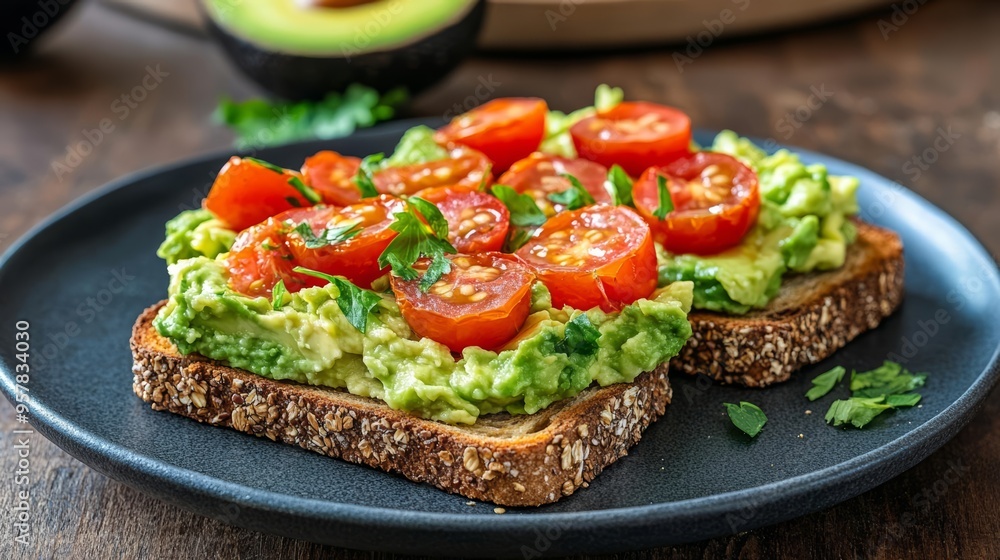 Delicious avocado toast topped with cherry tomatoes and herbs on a wooden table, perfect for a healthy meal or snack. Delicious avocado toast topped with cherry tomatoes and herbs on a wooden table, perfect for a healthy meal or snack.