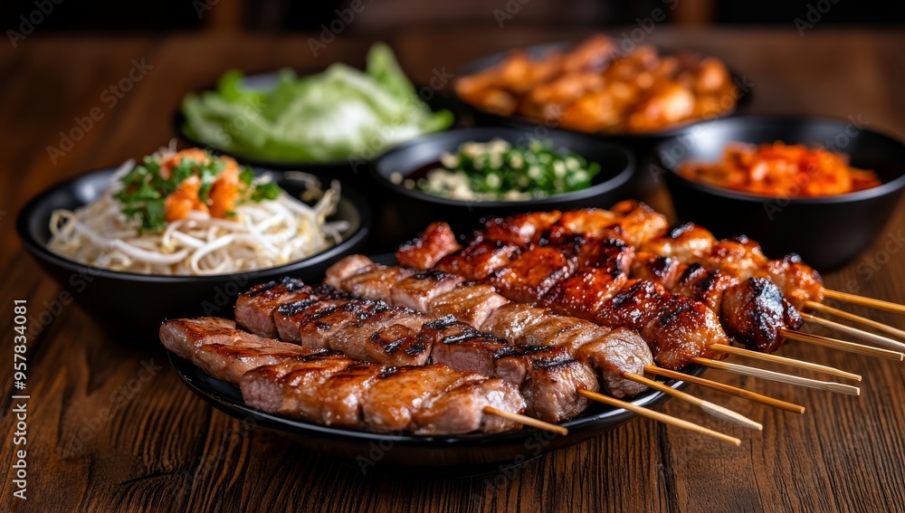 Wooden Table with Assorted Asian Dishes and Kebabs Wooden Table with Assorted Asian Dishes and Kebabs