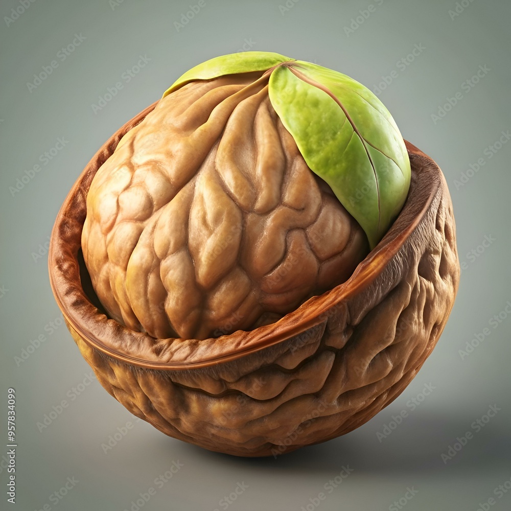 Fototapeta premium A 3D illustration of a cracked Andean walnut. revealing the intricate details of its inner kernel.