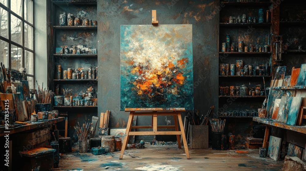A Rustic Artist's Studio With A Large Abstract Painting A Rustic Artist's Studio With A Large Abstract Painting