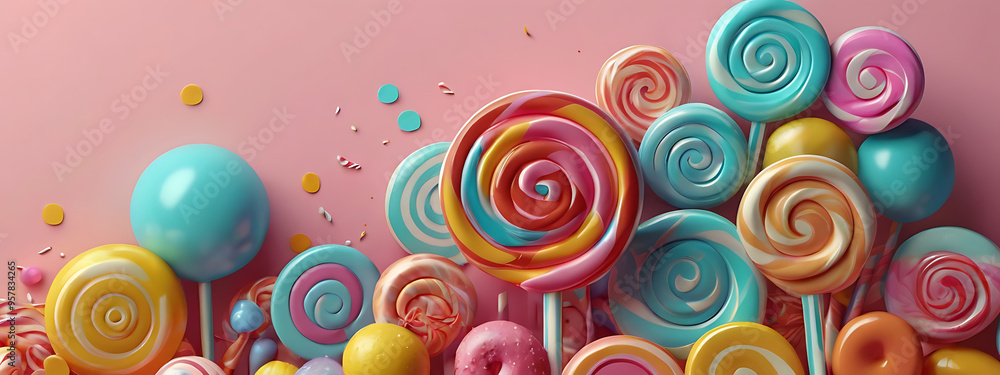A playful 3D scene with oversized candy, lollipops, and swirling ribbons in a pastel color palette, set against a bright, cheerful background, ideal for confectionery or children's product A playful 3D scene with oversized candy, lollipops, and swirling ribbons in a pastel color palette, set against a bright, cheerful background, ideal for confectionery or children's product
