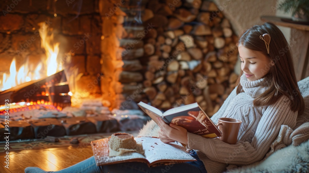 Fototapeta premium Ultra-sharp photograph of a girl enjoying a quiet moment by a crackling fireplace, with a book and a cup of hot cocoa