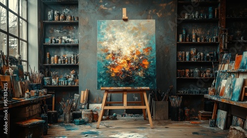 A Rustic Artist's Studio With A Large Abstract Painting