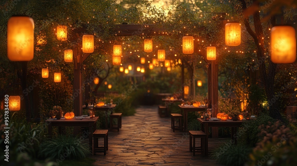 Cozy outdoor dining area illuminated by lanterns at sunset. Cozy outdoor dining area illuminated by lanterns at sunset.