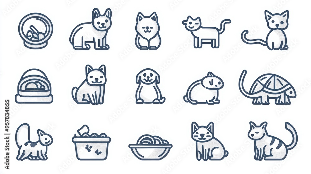 Animals and Pets thin line icon set. Containing dog, cat, fish, bird, rabbit, turtle, paw print, bone, collar, pet food bowl, hamster, aquarium, horse, butterfly. Animals and Pets thin line icon set. Containing dog, cat, fish, bird, rabbit, turtle, paw print, bone, collar, pet food bowl, hamster, aquarium, horse, butterfly.