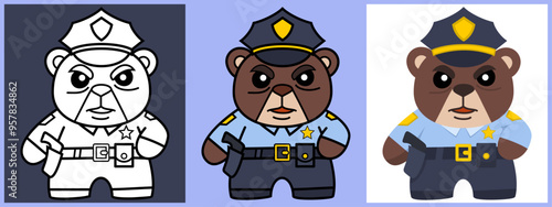 Bear Police cartoon character set outline coloring flat vector illustration