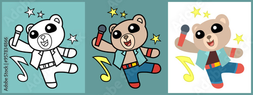 Bear Singer cartoon character set outline coloring flat vector illustration