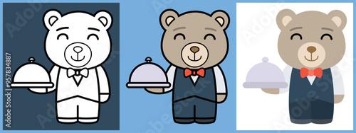 Bear Waiter cartoon character set outline coloring flat vector illustration