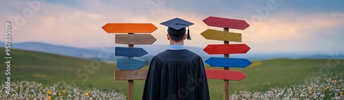 A young man in a graduation gown and cap stands at the crossroads