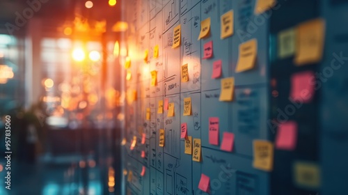 Creative Office Space with Sticky Notes on Glass Wall During Sunset, Brainstorming and Planning Session