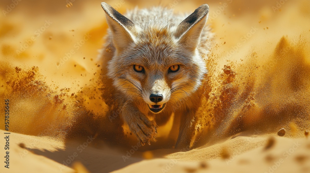 Fototapeta premium Dynamic Capture of a Swift Fox Running Through the Desert Sand with Intense Focus and Determination