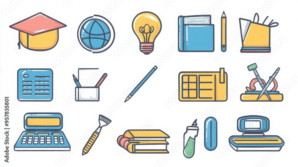 Education and Learning thin line icon set. Containing book, pencil, graduation cap, globe, calculator, blackboard, backpack, ruler, apple, light bulb, paint palette, microscope, computer, eraser. Education and Learning thin line icon set. Containing book, pencil, graduation cap, globe, calculator, blackboard, backpack, ruler, apple, light bulb, paint palette, microscope, computer, eraser.