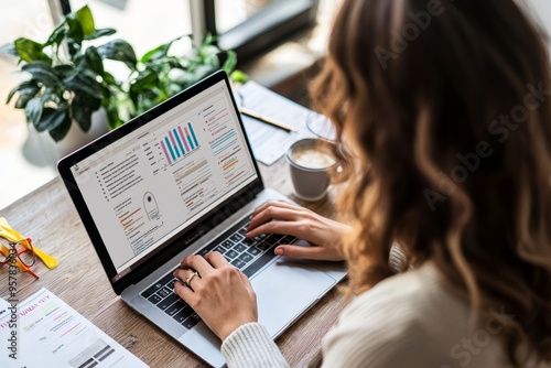 A female event planner reviewing event layouts on her laptop. She’s making last-minute adjustments and checking schedules