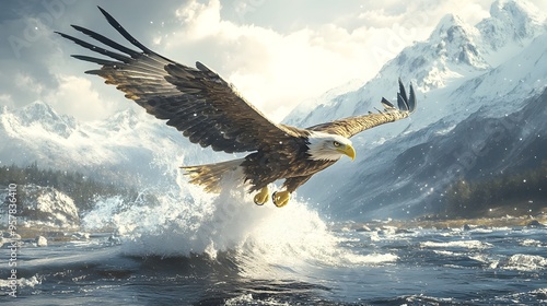 Powerful Eagle Swooping Down into River with Dramatic Splash photo