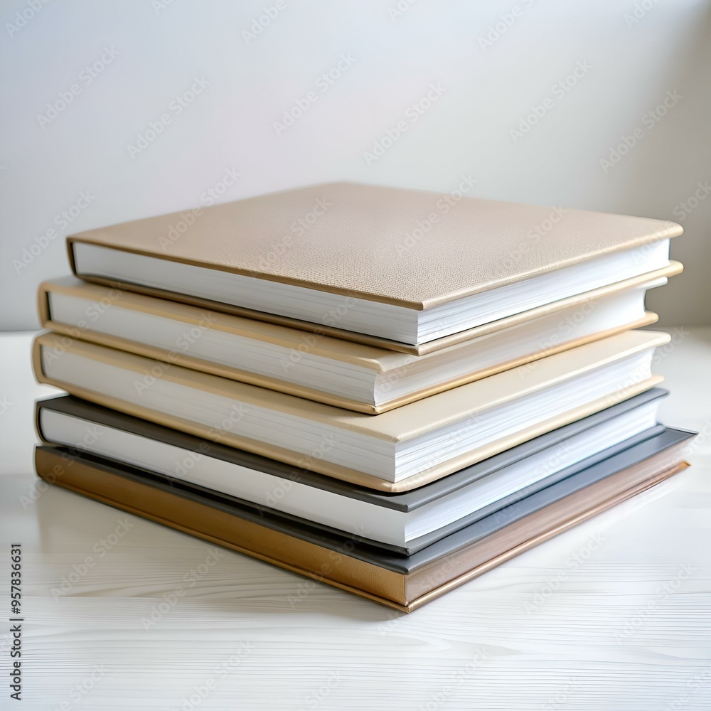 Stack of four hardcover books in beige. light brown. grey. and gold tones on a white surface. Stack of four hardcover books in beige. light brown. grey. and gold tones on a white surface.