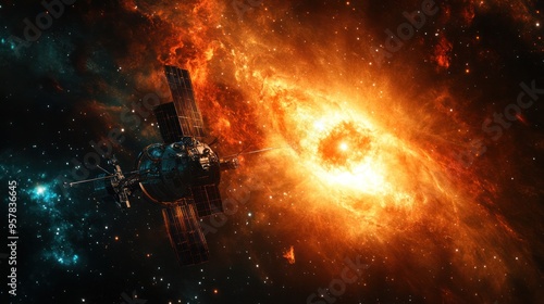 Deep space, view of a distant star being studied by a space probe, high-definition imagery and scientific equipment