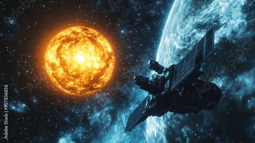 Deep space, view of a distant star being studied by a space probe, high-definition imagery and scientific equipment