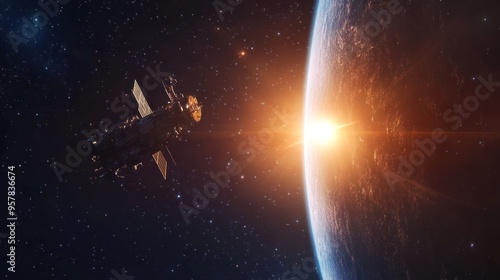 Deep space, view of a distant star being studied by a space probe, high-definition imagery and scientific equipment