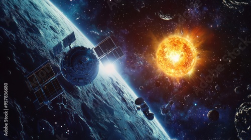 Deep space, view of a distant star being studied by a space probe, high-definition imagery and scientific equipment