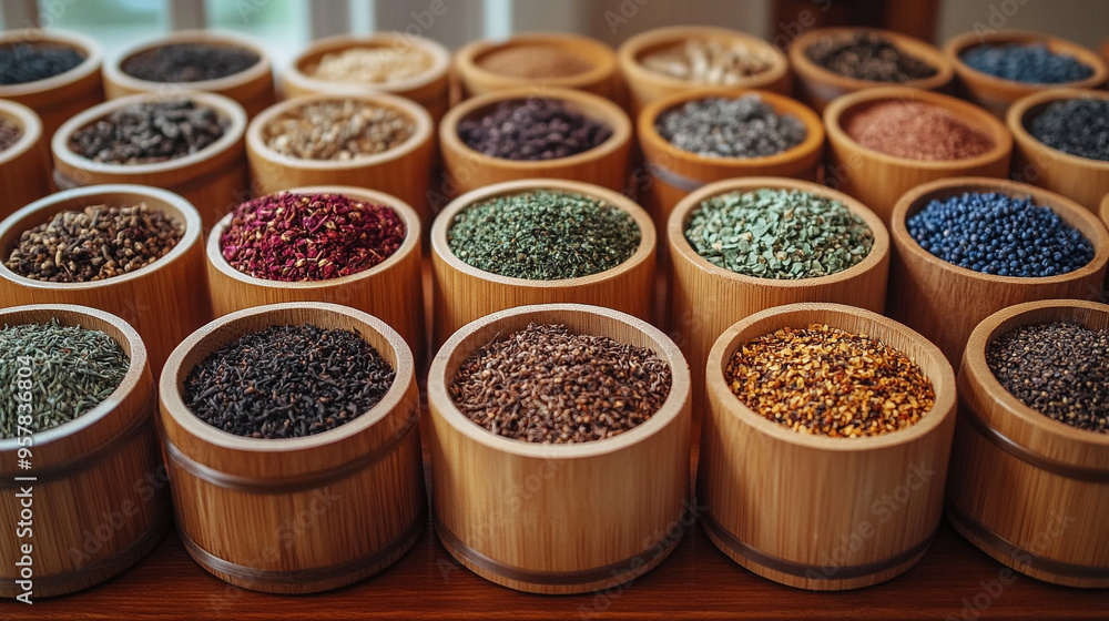 traditional Chinese herbal medicines displayed on a wooden surface. Ingredients include dried roots, leaves, and seeds, symbolizing natural healing, balance, and ancient wisdom traditional Chinese herbal medicines displayed on a wooden surface. Ingredients include dried roots, leaves, and seeds, symbolizing natural healing, balance, and ancient wisdom