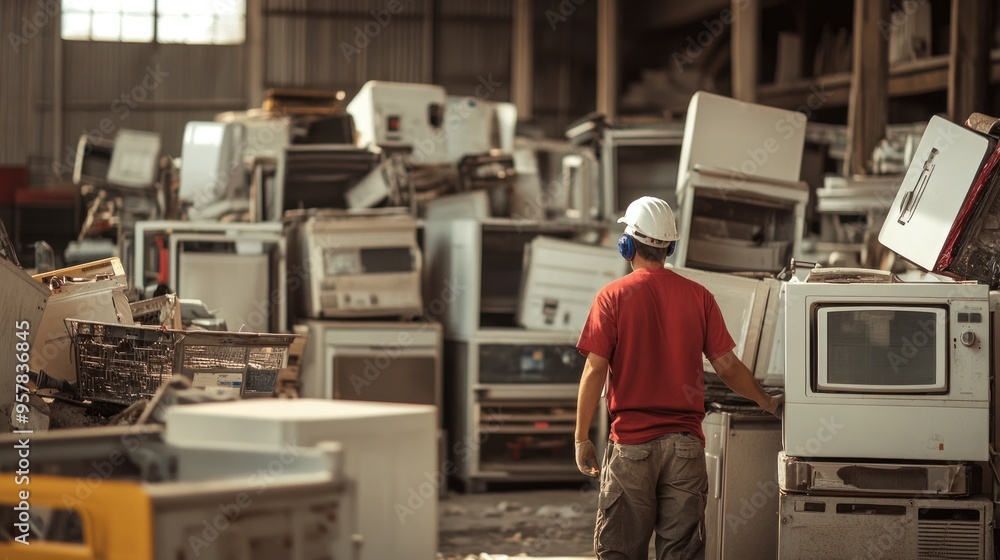 Eco-friendly appliance disposal site, focusing on the recycling of household appliances like toasters and blenders, natural lighting, workers using sustainable methods Eco-friendly appliance disposal site, focusing on the recycling of household appliances like toasters and blenders, natural lighting, workers using sustainable methods