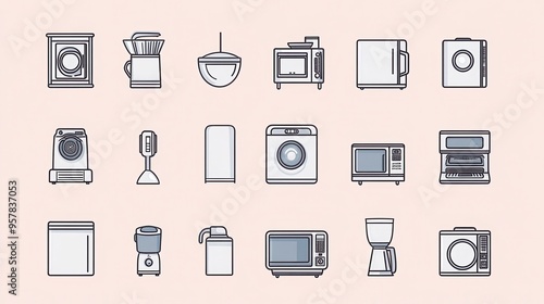 Home Appliances thin line icon set. Containing refrigerator, microwave, washing machine, blender, toaster, oven, dishwasher, vacuum cleaner, iron, fan, heater, air conditioner, coffee maker.