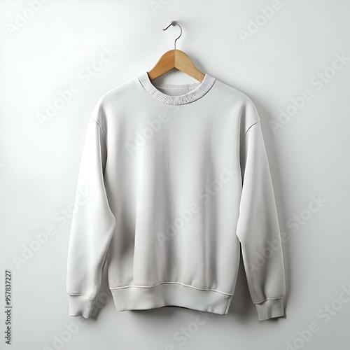 Blank white sweatshirt mockup hanging on a wooden hanger against a white background.