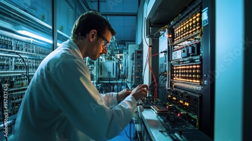 Engineers conducting experiments to minimize power system harmonics in a controlled environment, photo