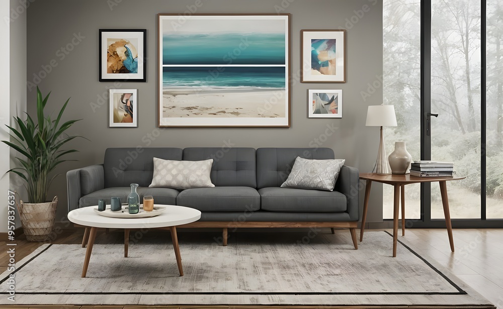 Fototapeta premium Mid-Century Modern American Living Room with Soft Greys