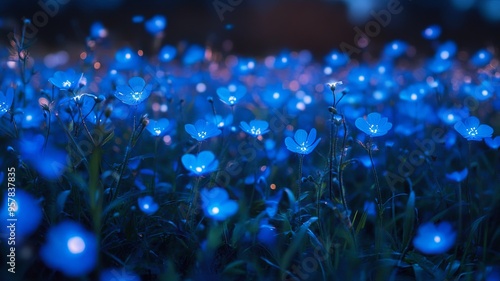 a field of small luminous blue flowers under the night starry sky, blue, small, field, starry, luminous 