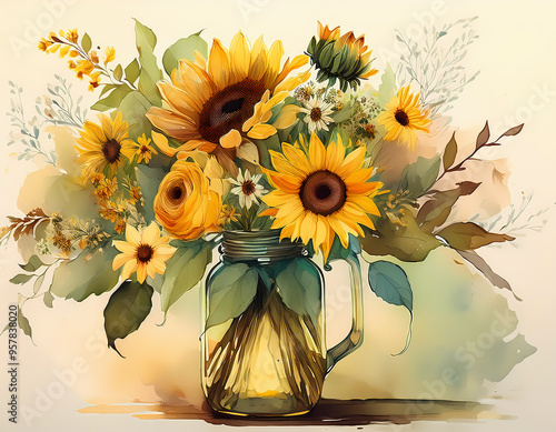 lush sunflower bouquet in a vase , watercolor painting isolated on white background 