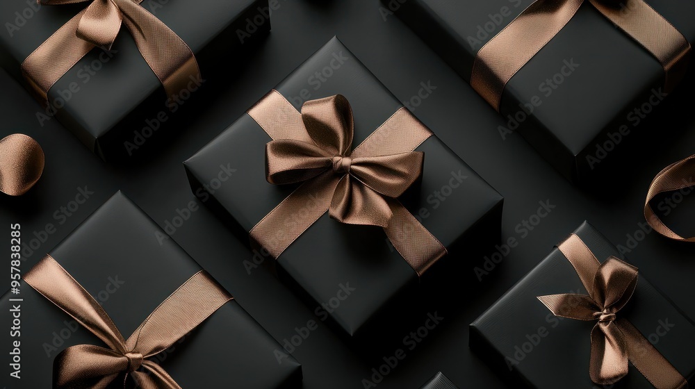 Dark gift boxes with satin ribbon and bow on black background. Holiday gift with copy space. Birthday or Christmas present, flat lay, top view. Christmas giftbox, Black friday concept. Dark gift boxes with satin ribbon and bow on black background. Holiday gift with copy space. Birthday or Christmas present, flat lay, top view. Christmas giftbox, Black friday concept.