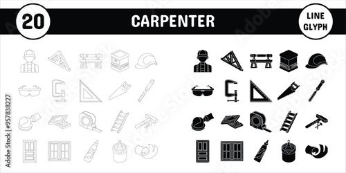 Carpenter Line Glyph Vector Illustration Icon Sticker Set Design Materials