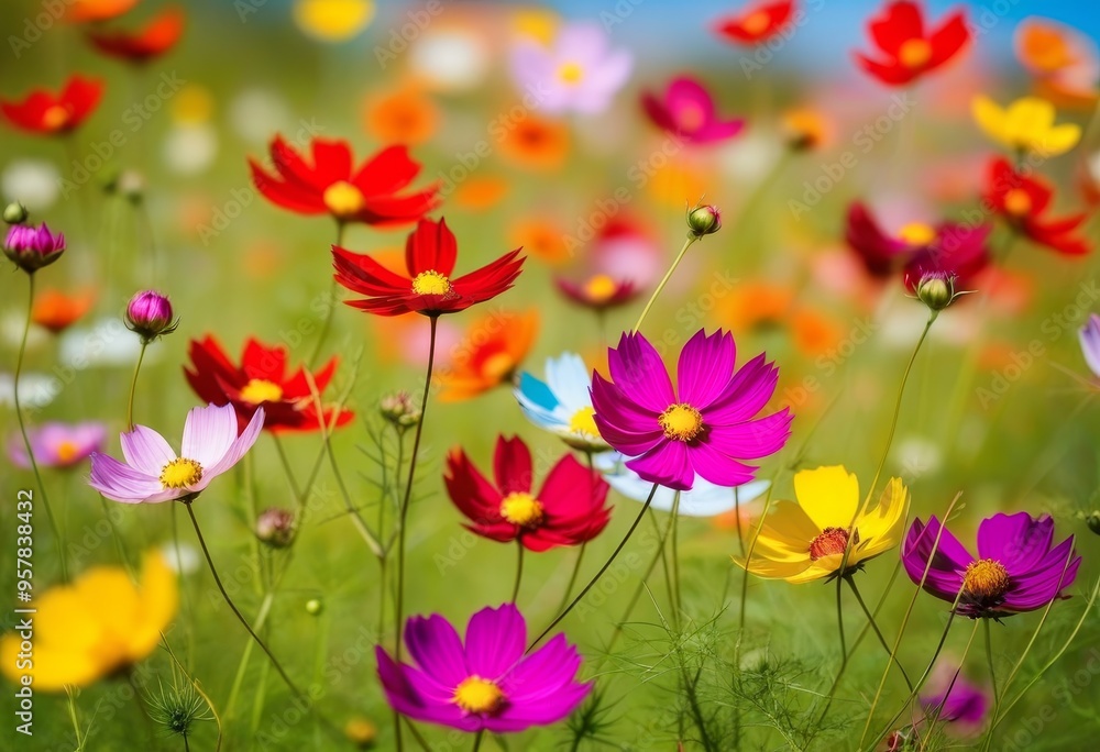 A field of multicolored cosmos flowers with a bright blue sky in the background A field of multicolored cosmos flowers with a bright blue sky in the background