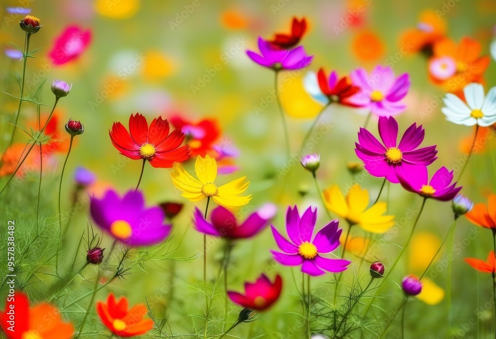 A field of multicolored cosmos flowers with a bright blue sky in the background A field of multicolored cosmos flowers with a bright blue sky in the background