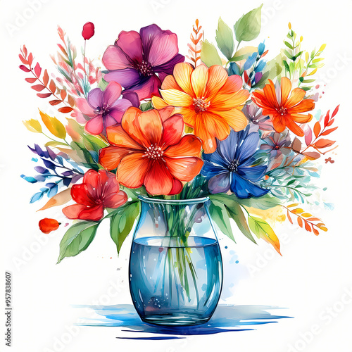 bouquet of vibrant flowers in vase , watercolor painting , isolated on a white background 