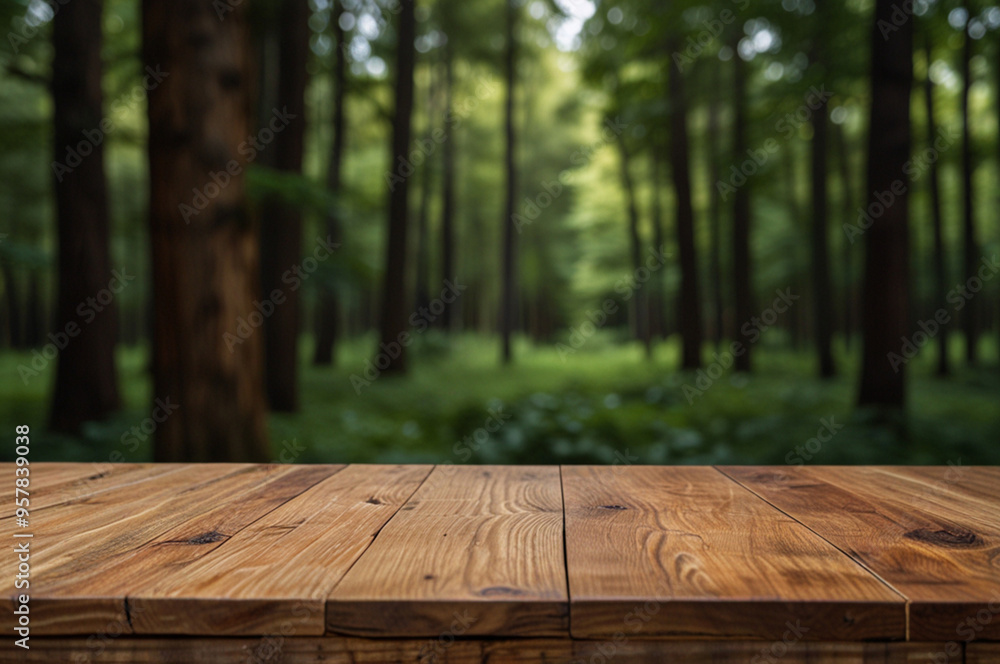 Smooth wooden tabletop with blurred lush green forest background, perfect for product placement. Smooth wooden tabletop with blurred lush green forest background, perfect for product placement.