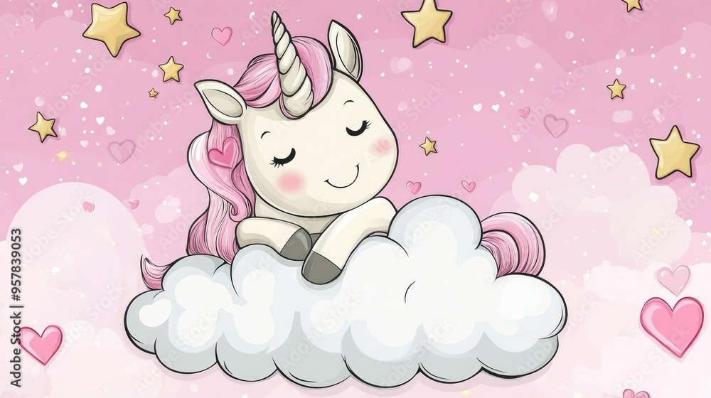 A happy cartoon unicorn surrounded by hearts and stars, giving a big hug to a fluffy cloud A happy cartoon unicorn surrounded by hearts and stars, giving a big hug to a fluffy cloud