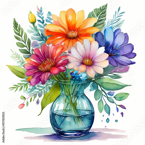bouquet of vibrant flowers in vase , watercolor painting , isolated on a white background 