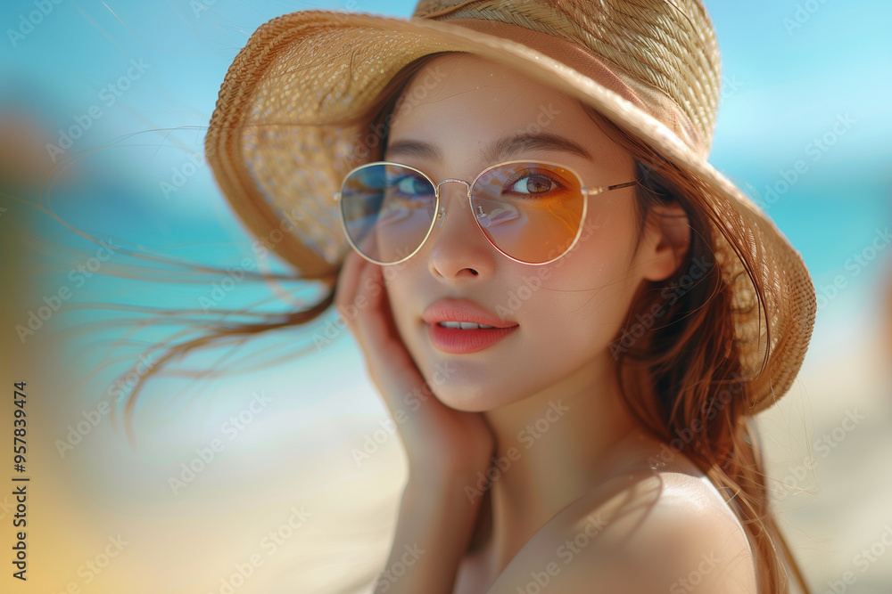 Young female model with perfect skin posing in fashion. Sun bath, sun screen concept. A woman is applying sunscreen and skin care to protect her skin from UV rays. Ai Young female model with perfect skin posing in fashion. Sun bath, sun screen concept. A woman is applying sunscreen and skin care to protect her skin from UV rays. Ai