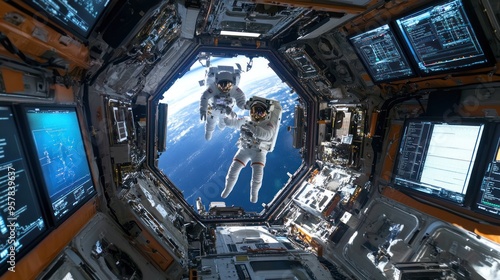 Fototapeta Naklejka Na Ścianę i Meble -  Inside the International Space Station, astronauts floating in zero gravity, conducting experiments, high-tech equipment and digital displays