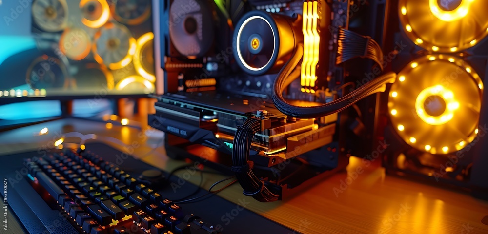 Close-up of RGB GPU with yellow lights, high-tech computer desk Close-up of RGB GPU with yellow lights, high-tech computer desk