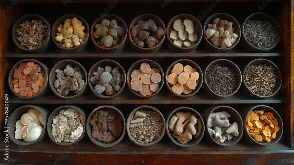 Fototapeta premium traditional Chinese herbal medicines displayed on a wooden surface. Ingredients include dried roots, leaves, and seeds, symbolizing natural healing, balance, and ancient wisdom