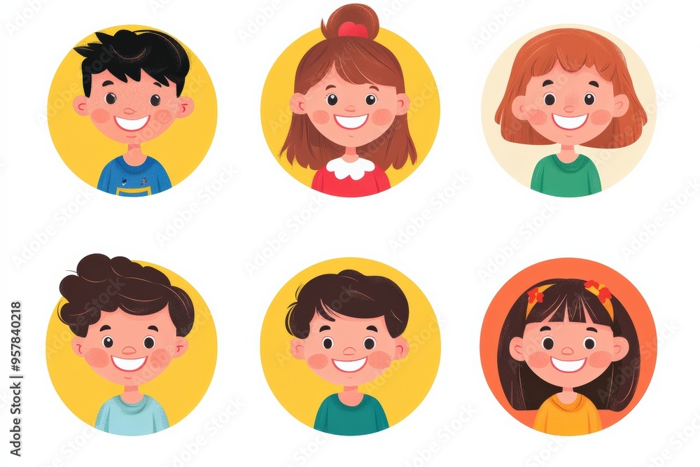 Happy kids avatars. Cute children smiling, boy girl in rounds vector set. Illustration girl and boy avatar, happy kids, child happiness Happy kids avatars. Cute children smiling, boy girl in rounds vector set. Illustration girl and boy avatar, happy kids, child happiness